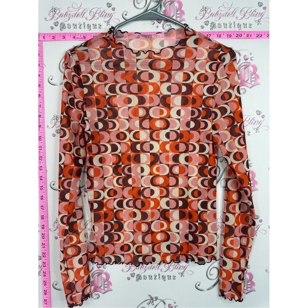 Top sheer Retro Geo Print Long Sleeve Top in Orange and Pink